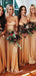 A-line Spaghetti Strap Gold Chiffon Long Bridesmaid Dresses, BN1012