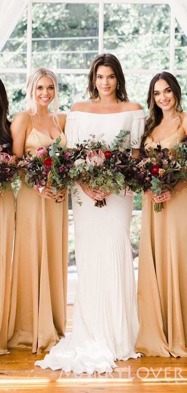 A-line Spaghetti Strap Gold Chiffon Long Bridesmaid Dresses, BN1012 A-line Spaghetti Strap Gold Chiffon Long Bridesmaid Dresses, BN1012