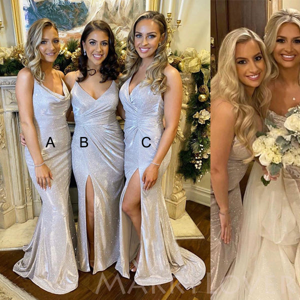Spaghetti Straps Silver Sparkly Mermaid Long Mermaid Bridesmaid Dresses , BN1015 Spaghetti Straps Silver Sparkly Mermaid Long Mermaid Bridesmaid Dresses , BN1015