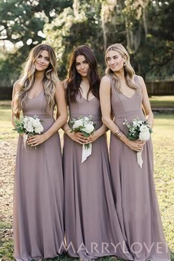 Sheath A-line Chiffon V-neck Long Bridesmaid Dresses , BN1018