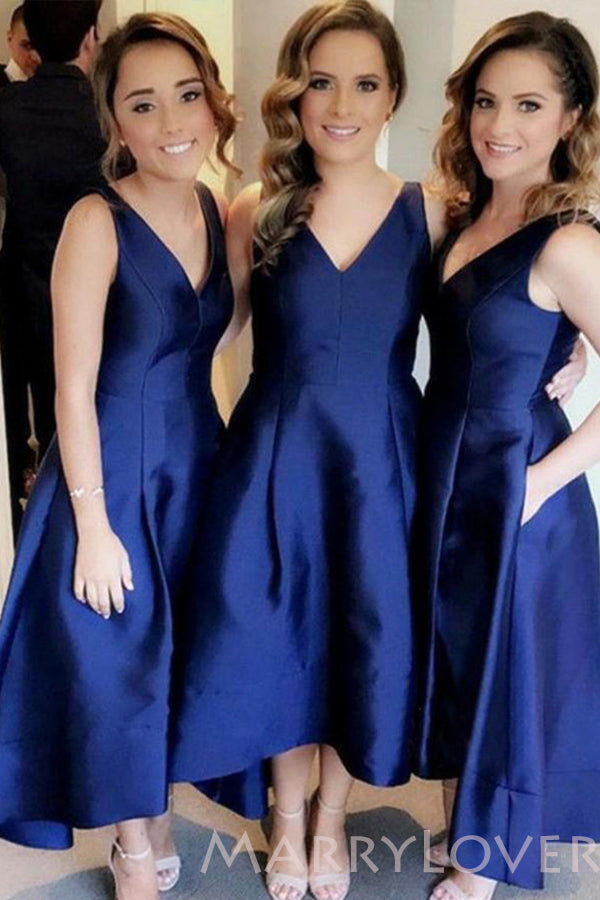 Navy Blue Satin V-neck Short Bridesmaid Dresses , BN1019 MarryLover Navy Blue Satin V-neck Short Bridesmaid Dresses , BN1019 MarryLover