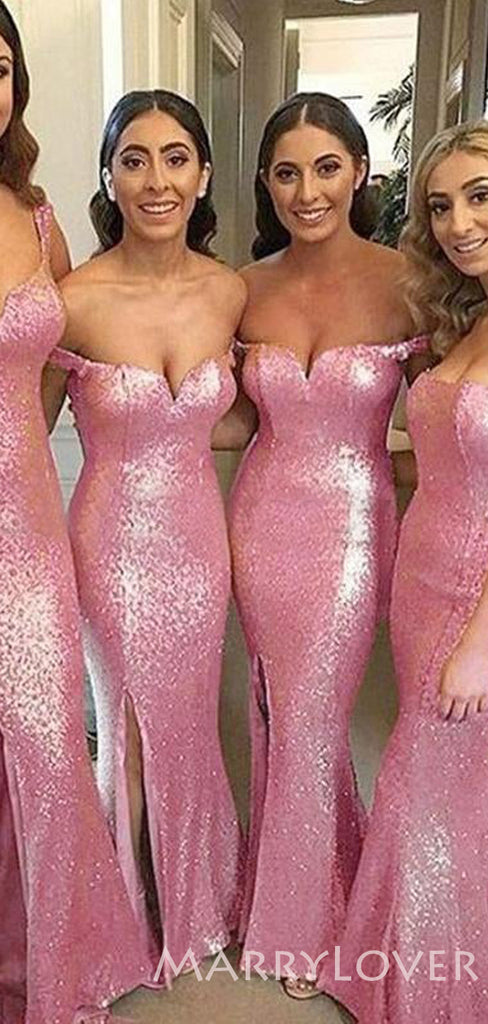 Off Shoulder Pink Sequin Mermaid Long Bridesmaid Dresses , BN1028