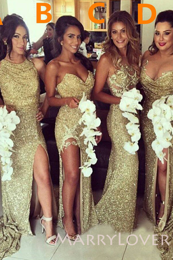 Mermaid Gold Sequin Sleeveless Long Bridesmaid Dresses , BN1034