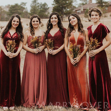 Velvet V-neck Long A-line Bridesmaid Dresses , BN1037