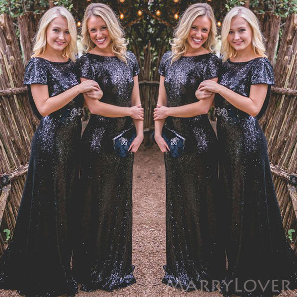 Black Sequin Column/Sheath Long Bridesmaid Dresses , BN1039 – MarryLover