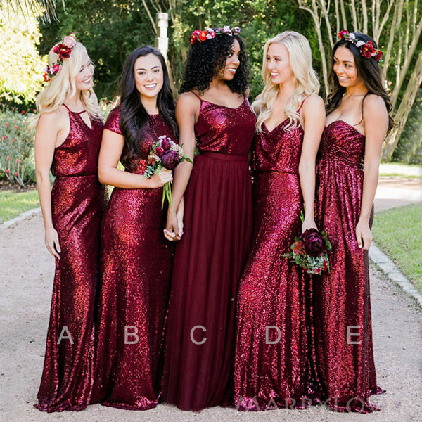 maroon sequin bridesmaid dresses A-line/Sheath Burgundy Sequin Long Bridesmaid Dresses , BN1040