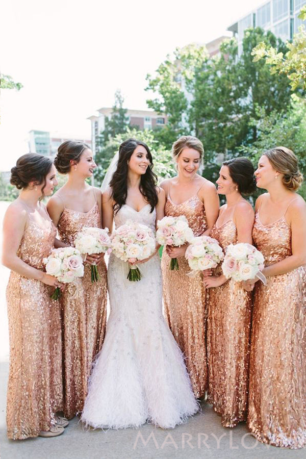 Spaghetti Straps Gold Sequin Long Sheath Bridesmaid Dresses , BN1041 – MarryLover Spaghetti Straps Gold Sequin Long Sheath Bridesmaid Dresses , BN1041 – MarryLover