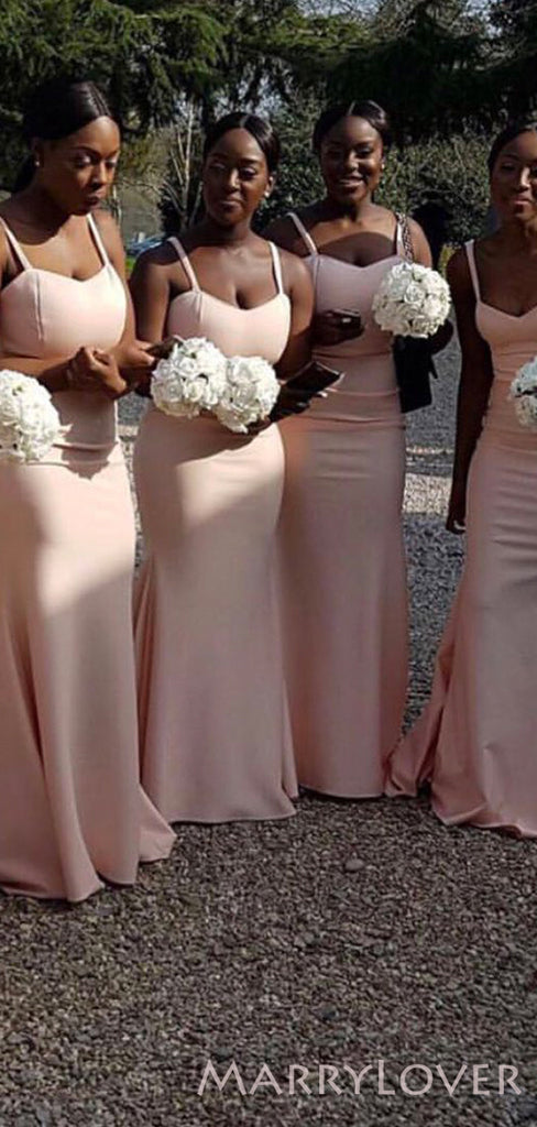 Spaghetti Straps Pink Satin Mermaid Long Sweetheart Bridesmaid Dresses , BN1045