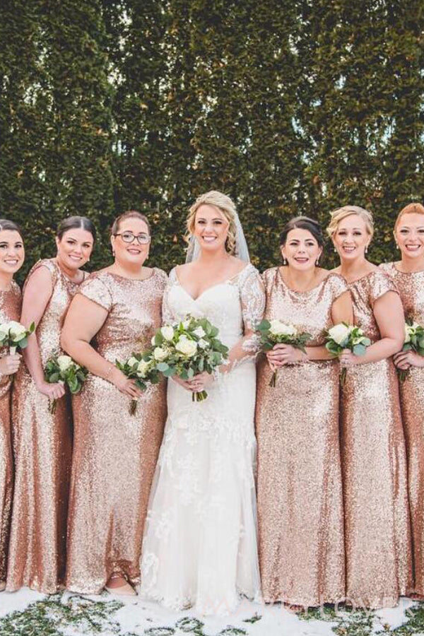 Gold Sequin Short Sleeves Long Mermaid Bridesmaid Dresses , BN1053 Gold Sequin Short Sleeves Long Mermaid Bridesmaid Dresses , BN1053
