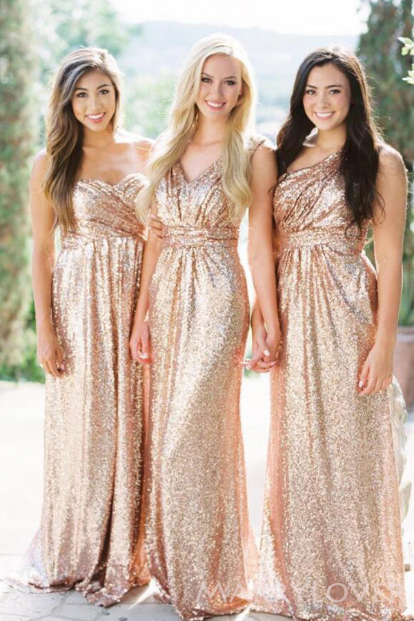 A-line Gold Sequin Long Bridesmaid Dresses , BN1054