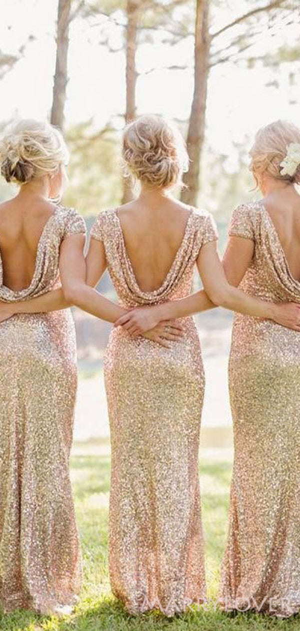 Gold Sequin Cap Sleeves Long Mermaid Bridesmaid Dresses , BN1059 Gold Sequin Cap Sleeves Long Mermaid Bridesmaid Dresses , BN1059