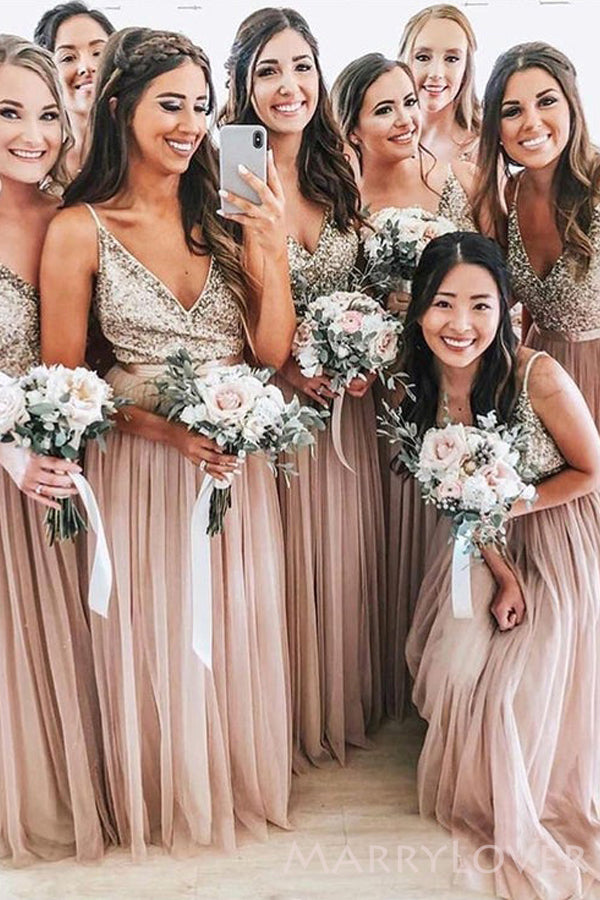 Spaghetti Straps A-line Pink Tulle Sequin Long Bridesmaid Dresses , BN – MarryLover