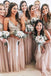 Spaghetti Straps A-line Pink Tulle Sequin Long Bridesmaid Dresses , BN1064