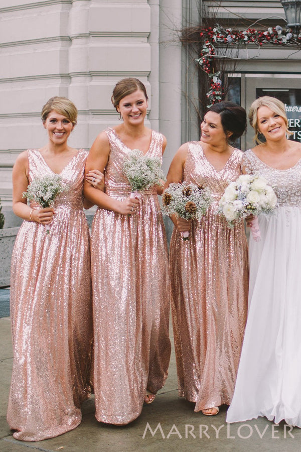 A-line Gold Sequin V-neck Long Bridesmaid Dresses , BN1067 MarryLover A-line Gold Sequin V-neck Long Bridesmaid Dresses , BN1067 MarryLover