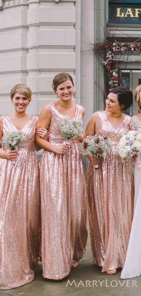 A-line Gold Sequin V-neck Long Bridesmaid Dresses , BN1067 MarryLover A-line Gold Sequin V-neck Long Bridesmaid Dresses , BN1067 MarryLover
