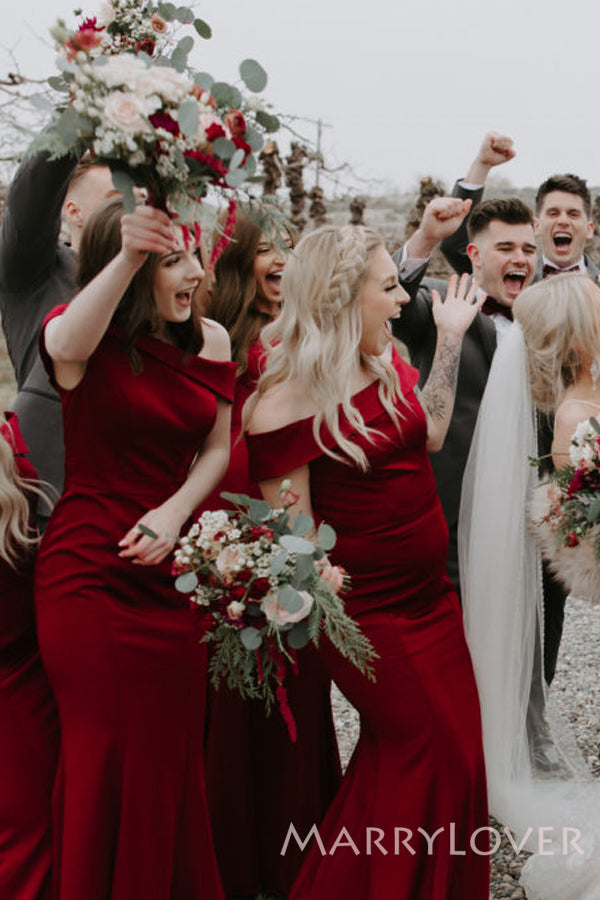Burgundy Satin Off Shoulder Long Mermaid Bridesmaid Dresses , BN1072 MarryLover Burgundy Satin Off Shoulder Long Mermaid Bridesmaid Dresses , BN1072 MarryLover