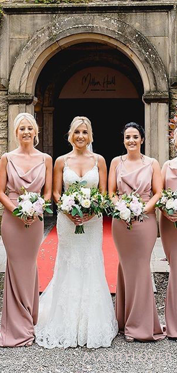 dusty pink mermaid bridesmaid dresses Azazie Everly Ready to Ship Dusty Rose Stretch Satin Bridesmaid Dresses