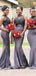 Grey Satin High Neck Appliques Long Mermaid Bridesmaid Dresses , BN1074