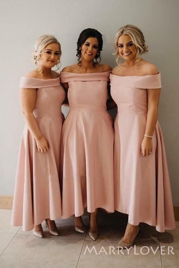 Off Shoulder A-line Pink Satin Long Bridesmaid Dresses , BN1078