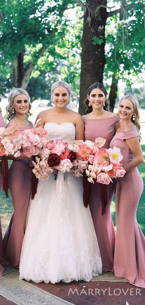 Dusty Pink Satin Off Shoulder Long Mermaid Bridesmaid Dresses , BN1082 – MarryLover