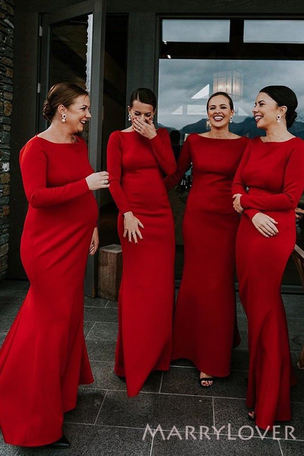 Long Sleeves Red Satin Long Mermaid Bridesmaid Dresses , BN1086 Long Sleeves Red Satin Long Mermaid Bridesmaid Dresses , BN1086