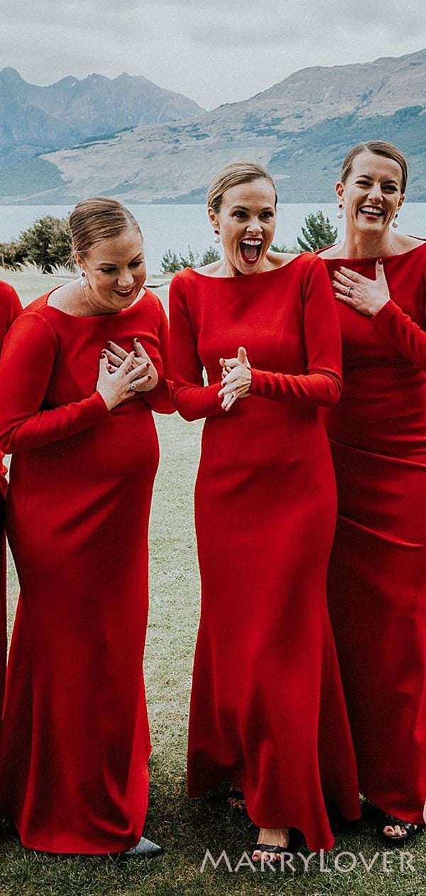 Long Sleeves Red Satin Long Mermaid Bridesmaid Dresses , BN1086 Long Sleeves Red Satin Long Mermaid Bridesmaid Dresses , BN1086