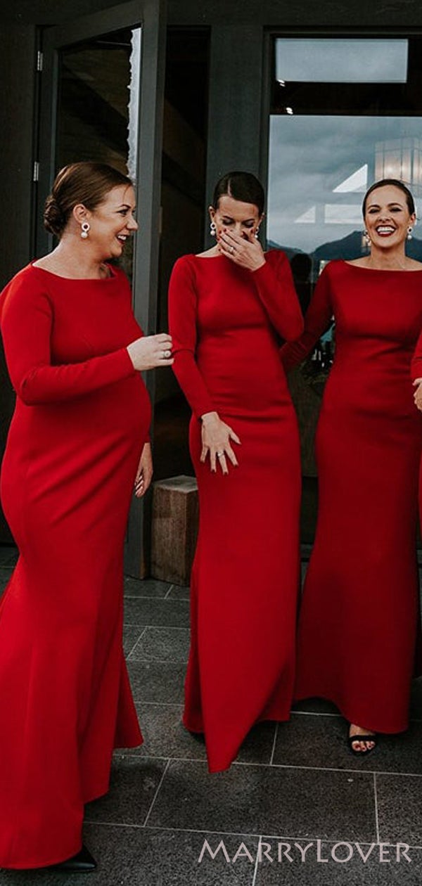 Long Sleeves Red Satin Long Mermaid Bridesmaid Dresses , BN1086 Long Sleeves Red Satin Long Mermaid Bridesmaid Dresses , BN1086