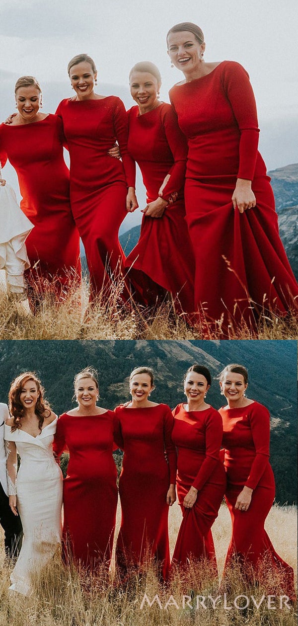 Long Sleeves Red Satin Long Mermaid Bridesmaid Dresses , BN1086 MarryLover Long Sleeves Red Satin Long Mermaid Bridesmaid Dresses , BN1086 MarryLover
