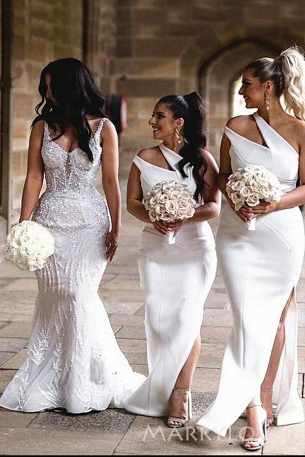 Mermaid White Satin One Shoulder Long Bridesmaid Dresses , BN1087 Mermaid White Satin One Shoulder Long Bridesmaid Dresses , BN1087