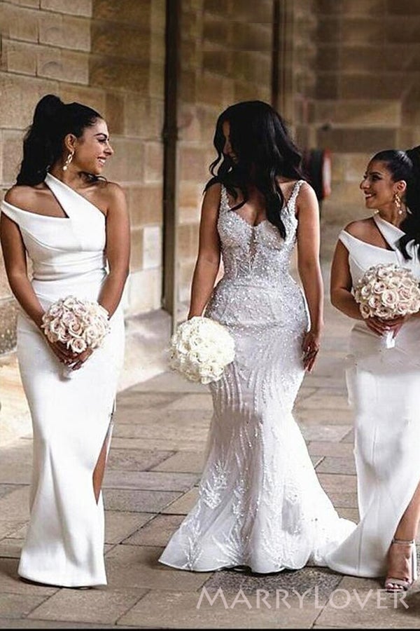 Mermaid White Satin One Shoulder Long Bridesmaid Dresses , BN1087 Mermaid White Satin One Shoulder Long Bridesmaid Dresses , BN1087