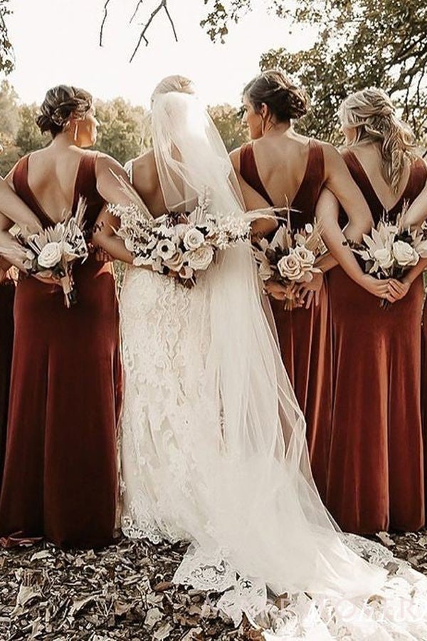 Sheath/Column Copper Velvet Long Bridesmaid Dresses, BN1091 Sheath/Column Copper Velvet Long Bridesmaid Dresses, BN1091