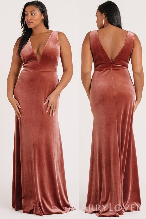 copper velvet maxi dress V-neck Floor Length Copper Velvet Long Bridesmaid Dresses, BN1011