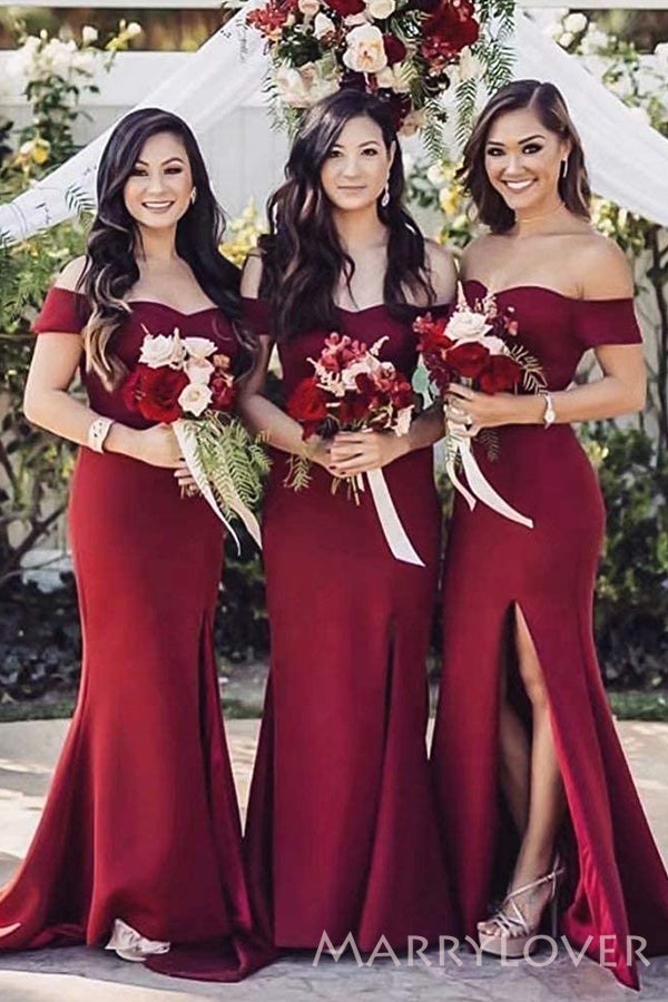 burgundy silk bridesmaid dresses Burgundy Off the Shoulder Velvet Mermaid Long Bridesmaid Dress with Sleeves