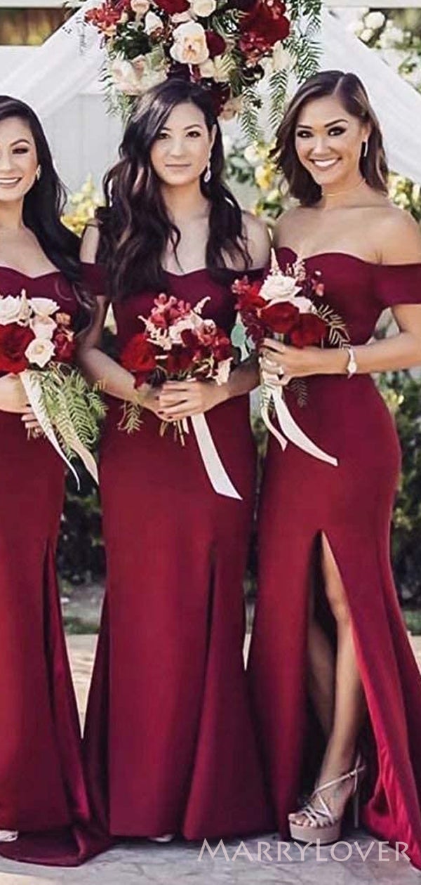 Off Shoulder Burgundy Satin Side Slit Long Mermaid Bridesmaid Dresses , BN1095 Off Shoulder Burgundy Satin Side Slit Long Mermaid Bridesmaid Dresses , BN1095
