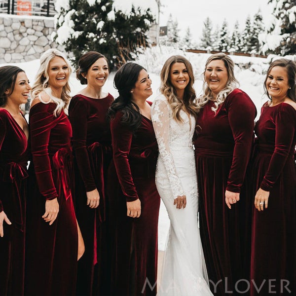 Long Sleeves Burgundy Velvet Long Bridesmaid Dresses, BN1098 – MarryLover
