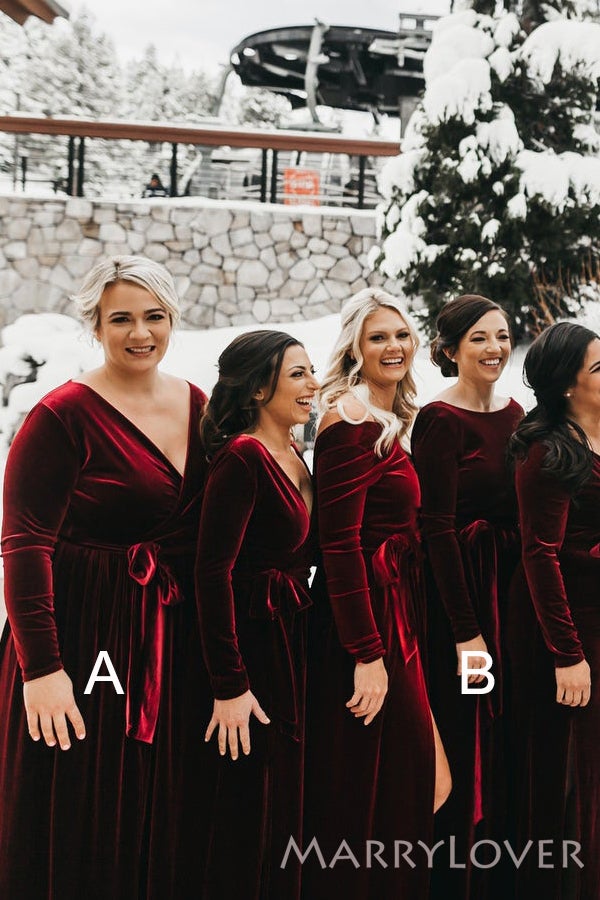 Long Sleeves Burgundy Velvet Long Bridesmaid Dresses, BN1098 Long Sleeves Burgundy Velvet Long Bridesmaid Dresses, BN1098
