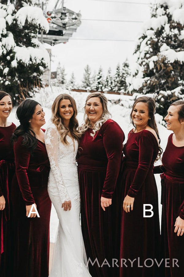 Long Sleeves Burgundy Velvet Long Bridesmaid Dresses, BN1098 Long Sleeves Burgundy Velvet Long Bridesmaid Dresses, BN1098