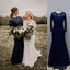 Long Sleeves Navy Blue Lace Long Mermaid Bridesmaid Dresses , BN1103