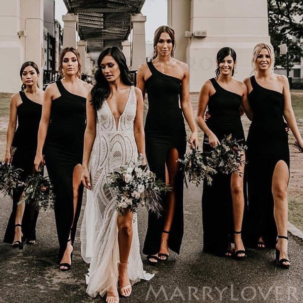 Sexy High Neck Black Satin One Shoulder Long Bridesmaid Dresses , BN11 – MarryLover Sexy High Neck Black Satin One Shoulder Long Bridesmaid Dresses , BN11 – MarryLover