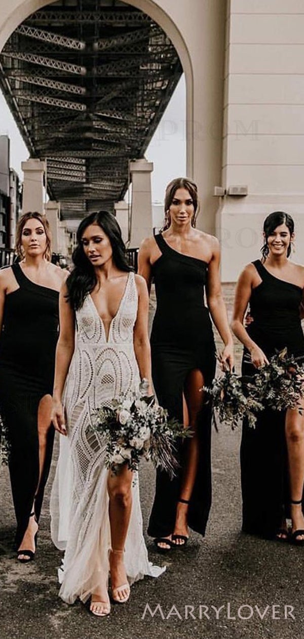 Sexy High Neck Black Satin One Shoulder Long Bridesmaid Dresses , BN1104 Sexy High Neck Black Satin One Shoulder Long Bridesmaid Dresses , BN1104