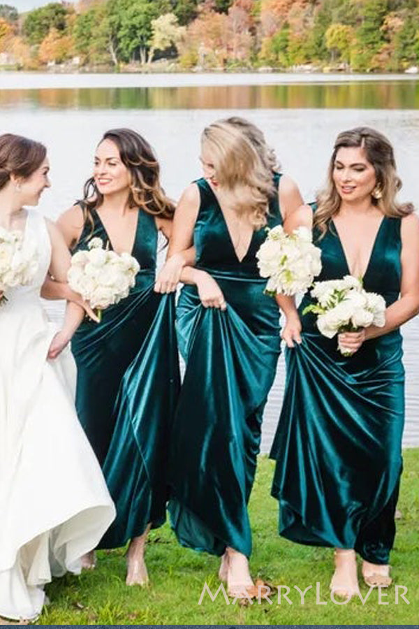 Dark Green Velvet Long V-neck Bridesmaid Dresses, BN1106 Dark Green Velvet Long V-neck Bridesmaid Dresses, BN1106