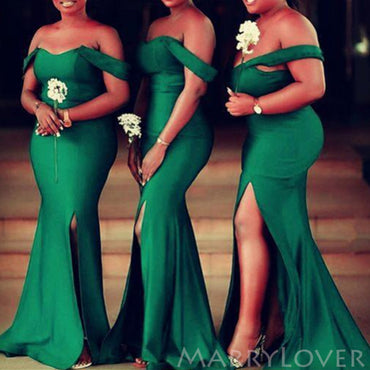 Off Shoulder Mermaid Green Satin Cheap Custom Long Bridesmaid Dresses , BN1111