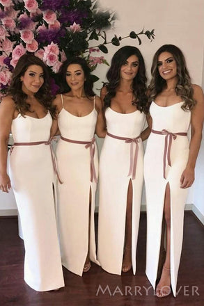 White Spaghetti Straps Long Mermaid Bridesmaid Dresses, Custom Side Slit Bridesmaid Dresses, BN1113