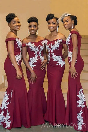 Burgundy Mermaid Long Bridesmaid Dresses, Custom Off Shoulder Appliques Bridesmaid Dress, BN1114