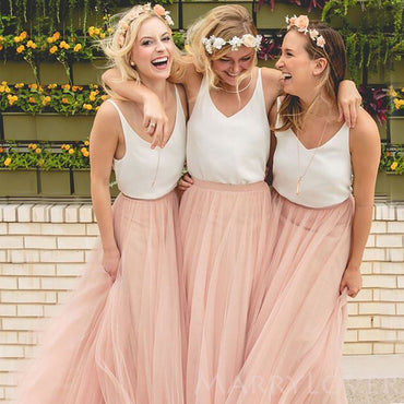 A-line Tulle Long Bridesmaid Dresses, Custom V-neck Bridesmaid Dresses, BN1117
