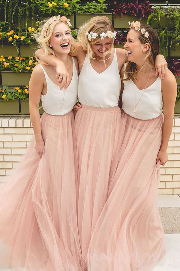 A-line Tulle Long Bridesmaid Dresses, Custom V-neck Bridesmaid Dresses, BN1117