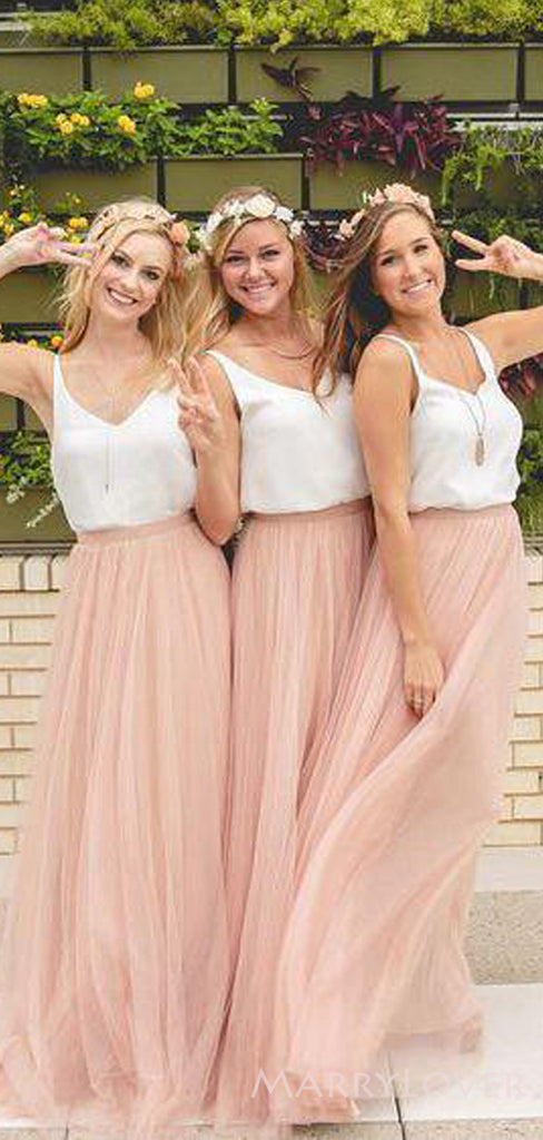 A-line Tulle Long Bridesmaid Dresses, Custom V-neck Bridesmaid Dresses, BN1117
