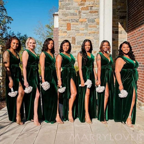 Dark Green Velvet Long Side Slit Bridesmaid Dresses, Cheap Custom Brid – MarryLover