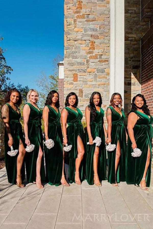 Dark Green Velvet Long Side Slit Bridesmaid Dresses, Cheap Custom Brid – MarryLover