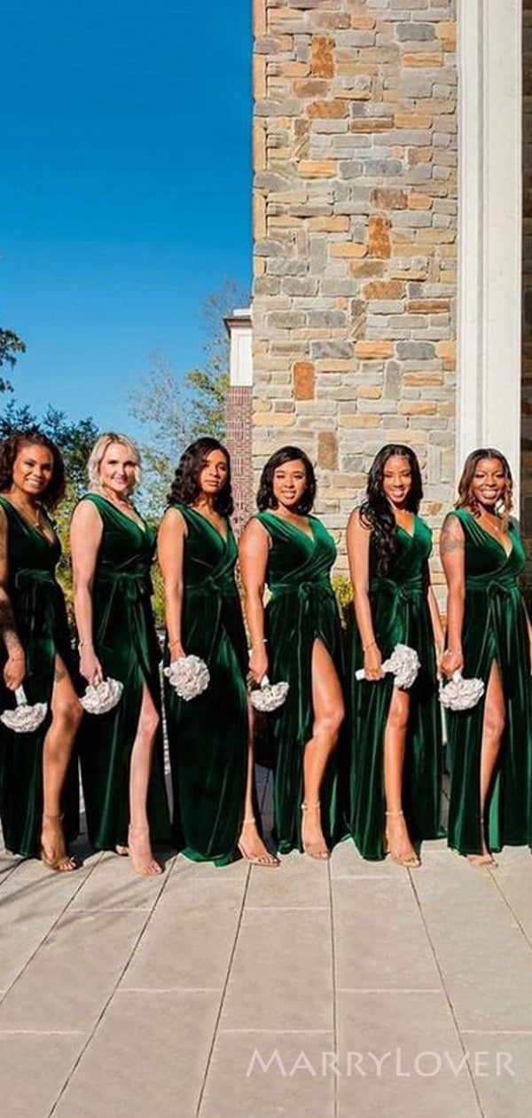 Dark Green Velvet Long Side Slit Bridesmaid Dresses, Cheap Custom Brid – MarryLover Dark Green Velvet Long Side Slit Bridesmaid Dresses, Cheap Custom Brid – MarryLover